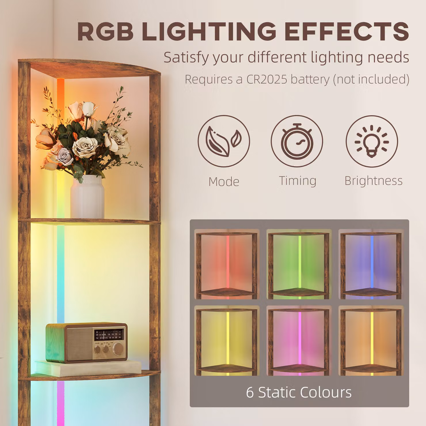 HOMCOM RGB LED Standing Floor Lamp with Shelves and Remote Control, Rustic Brown – 3