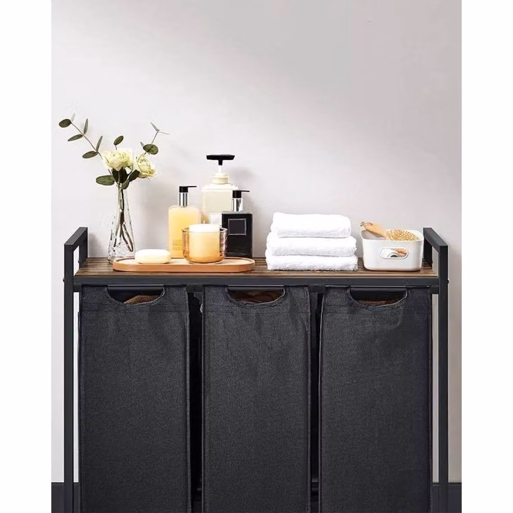 FORGEVIO 3 Compartment Fabric Laundry Basket in Black – 5