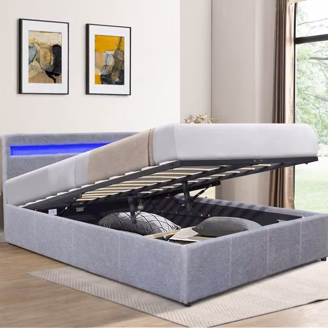Comfy Living Modern Upholstered Gas Lift Ottoman Bed Frame with LED Underbed Lighting in Grey, 140 x 200 cm