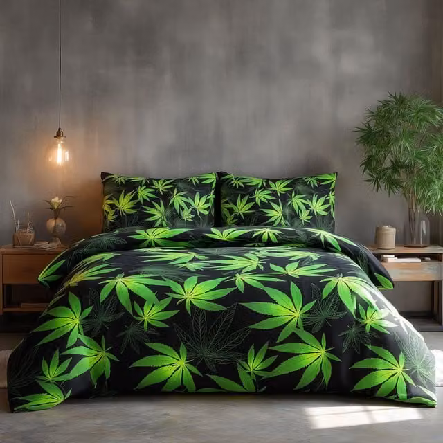 Home Sweet Home UK Single Polycotton Duvet Cover and Pillowcase Set with Cannabis Graphic Design in Black or White, W/H: 135 x 200 cm – 1