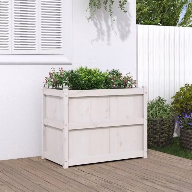 Berkfield Home White Solid Wood Pine Garden Planter Tub W: 90 cm, D: 50 cm, H: 70 cm