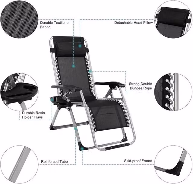 KORVIXA Black Adjustable Zero Gravity Folding Reclining Garden Chair with Adjustable Headrest – 1