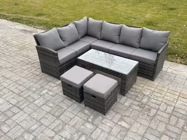Fimous 8 Seater Outdoor Rattan Garden Furniture Set with Corner Sofa, Oblong Coffee Table and 2 Footstools in Dark Grey