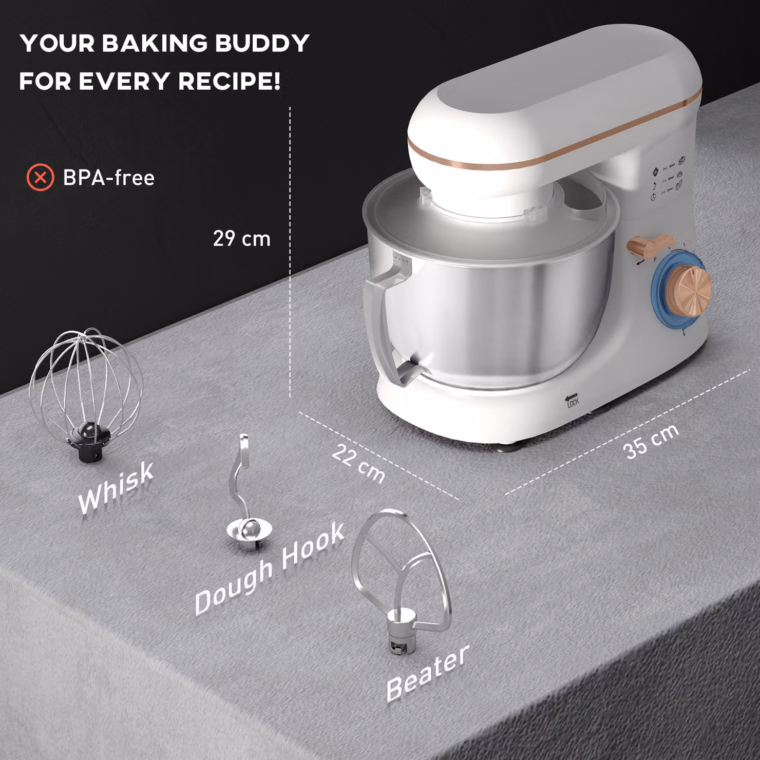 HOMCOM 1300W Kitchen Stand Mixer with Accessories in White – 2