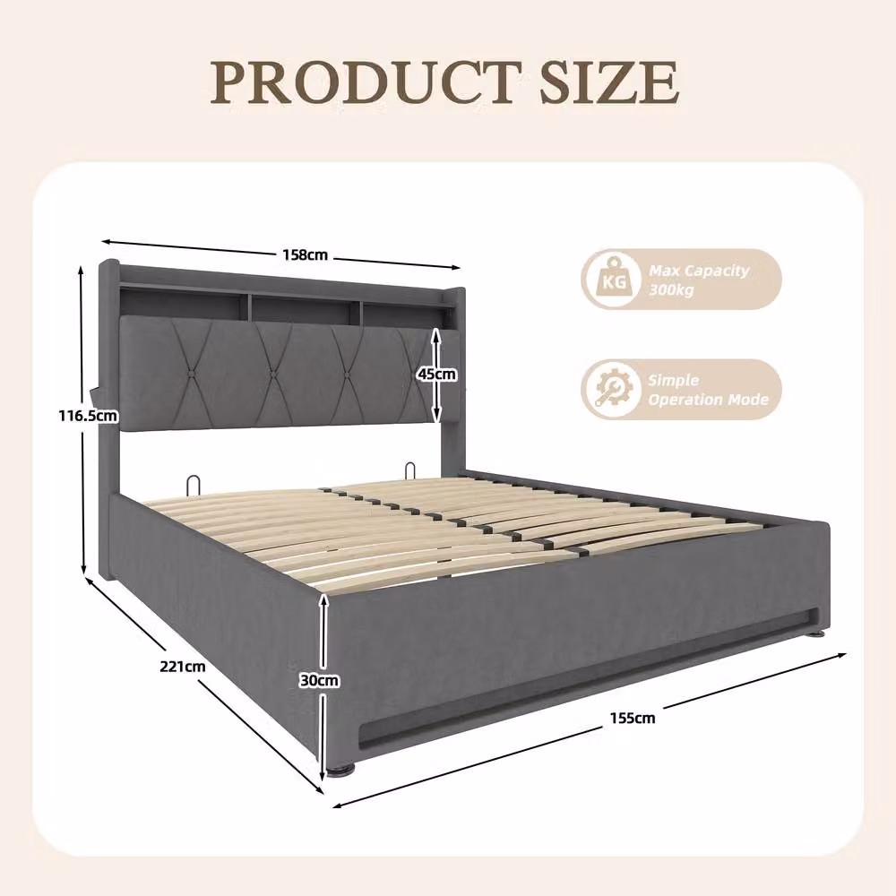 Matteo Grey Velvet King Bed Frame with LED Lights, USB Charging Port and Hydraulic Storage W/D/H: 180 x 200 cm – 2
