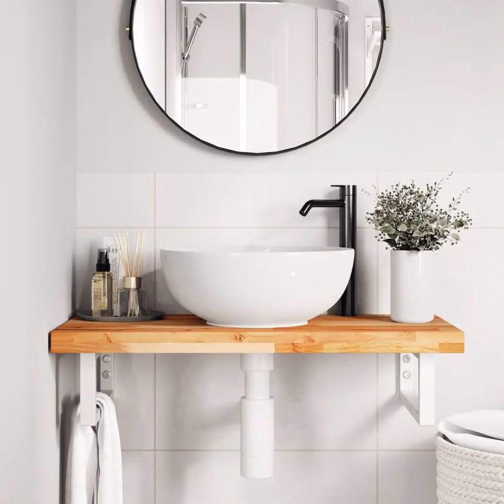 Berkfield Home Wall Mounted Basin Shelf in Brown Acacia Wood and Steel – 2