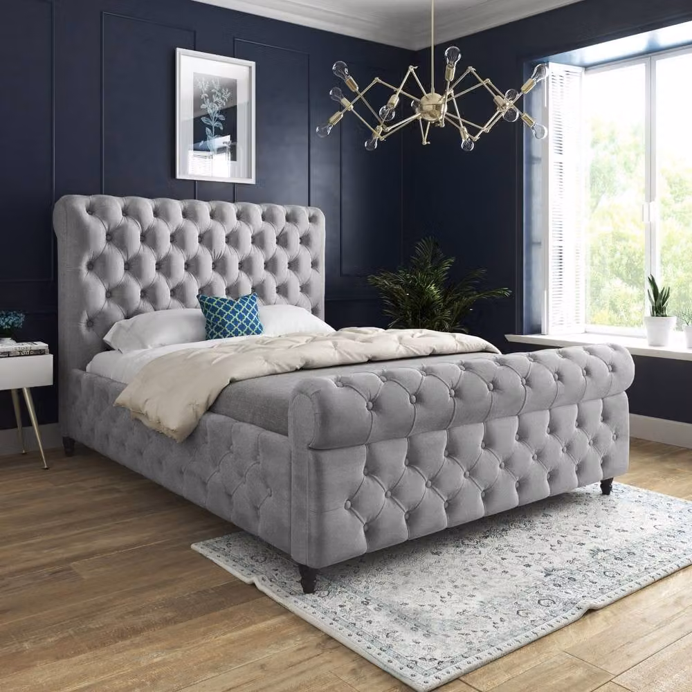 Casani Steventon Sleigh Upholstered Designer Bed Frame in Grey Silver Velvet, W/D/H: 120 x 200 x 128 cm – 2