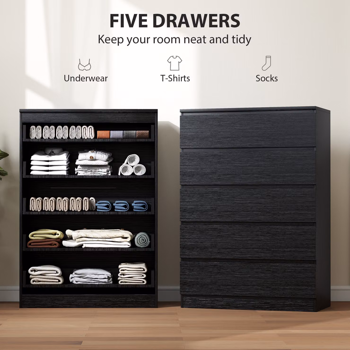 HOMCOM Modern 5 Drawer Chest of Drawers and Storage Cabinet in Black – 3