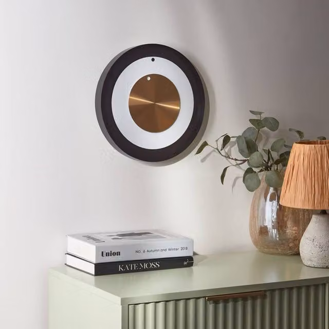 Wyld and Coco Aurelia Minimalist Geometric Round Wall Clock in Black, White and Gold, Diameter: 30 cm