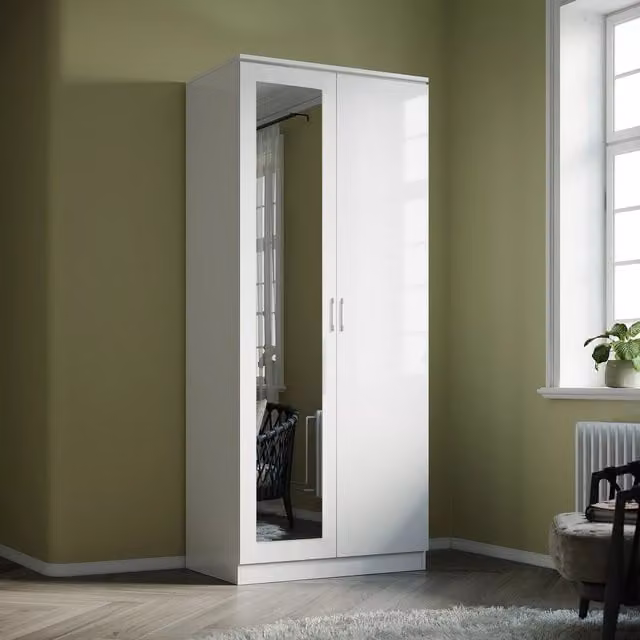 Comfy Living High Gloss 2 Door Mirrored Wardrobe in White