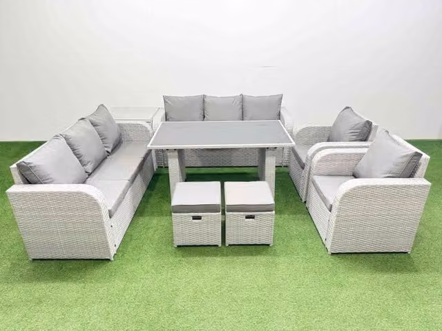 Fimous 10 Seater PE Rattan Outdoor Reclining Furniture Set in Light Grey