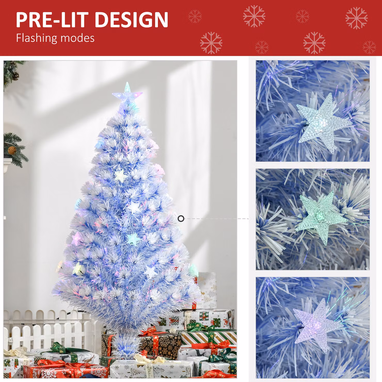 HOMCOM Pre-Lit Artificial Fibre Optic Christmas Tree with 26 LED Lights in White and Blue, 4ft – 3