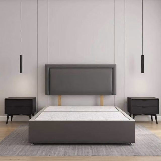 Regional Furnishings Luxury Small Double Divan Bed Base with 24 inch Headboard in Grey Plush Velvet, W/D/H: 120 x 200 cm