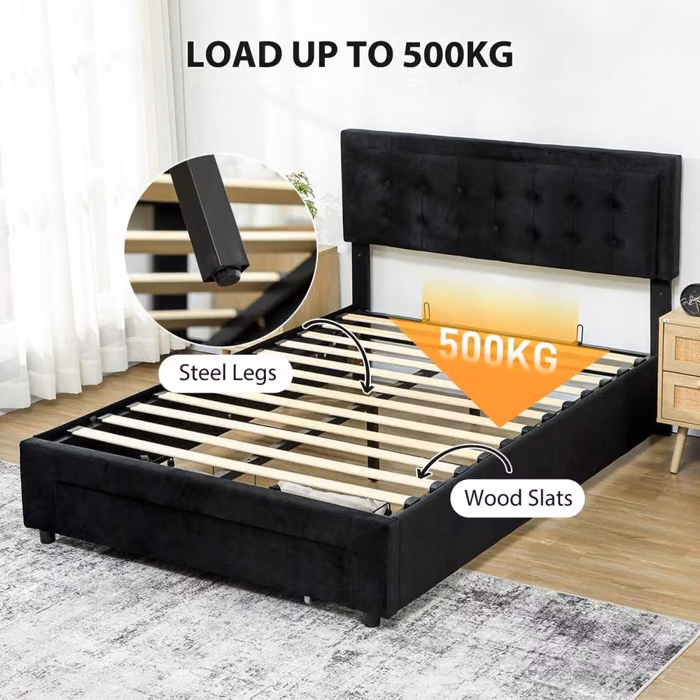 Wyld Haus Banado King Ottoman Bed Frame in Black Velvet with Gas Lift Storage and Front Divan Drawers, H: 104 cm x W: 180 cm x D: 203.5 cm – 7