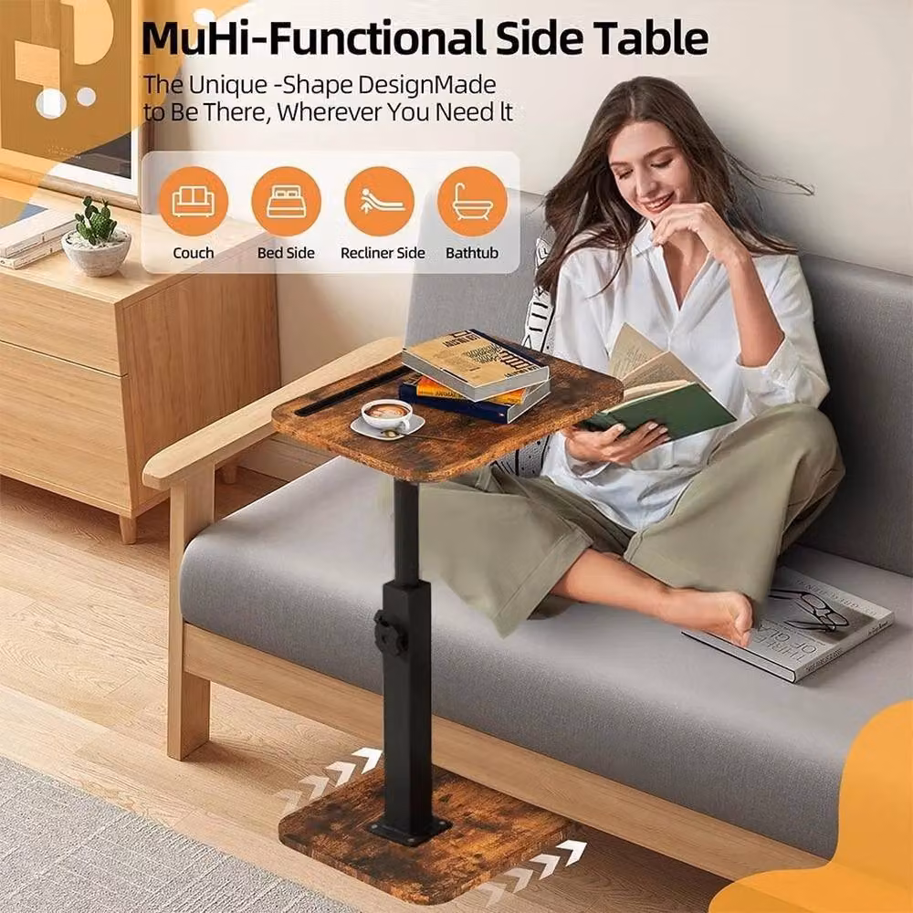 NESTLUNE Height Adjustable Swivel Sofa Tray Table in Brown, W/D/H: 100 x 15 x 81.5 cm – 3