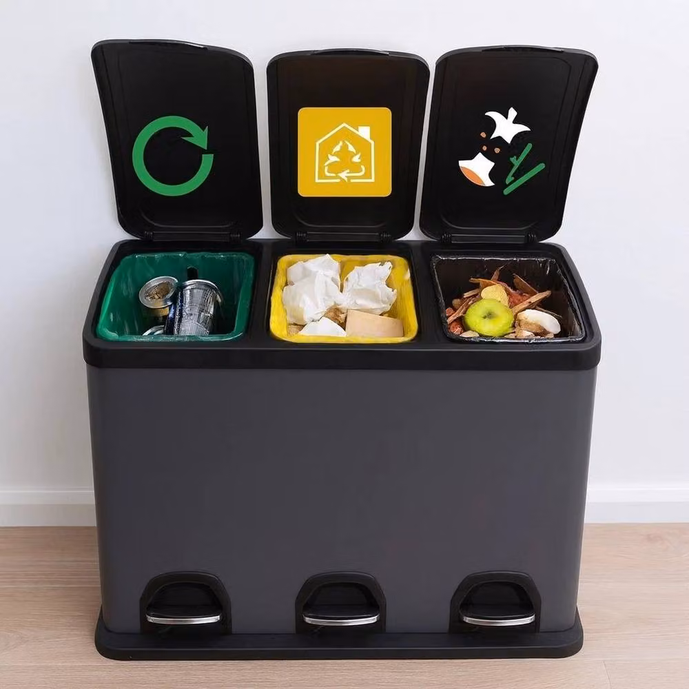 Hinsinc 45L Triple Compartment Stainless Steel Pedal Bin in Black – 2