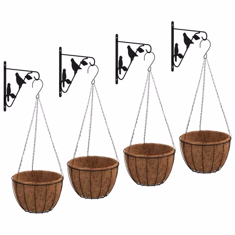 Berkfield Home Hanging Basket Brackets with Planters, 4 Piece Black Steel Set