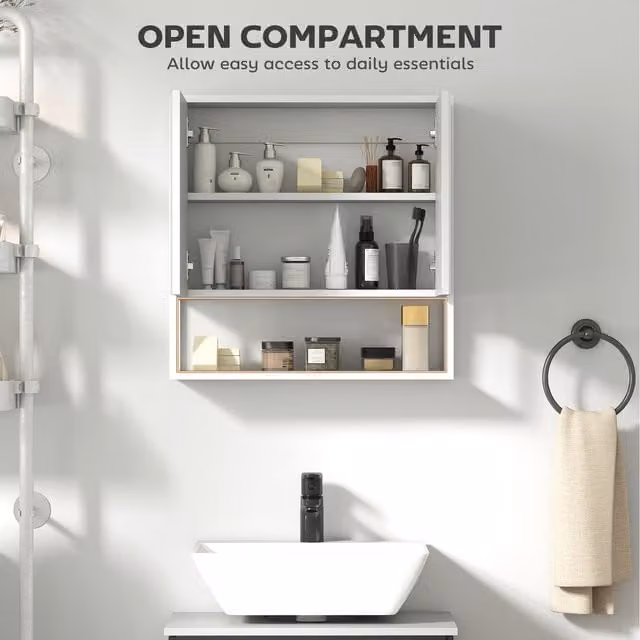 HOMCOM White Wall-Mounted Bathroom Mirror Cabinet with Soft-Close Hinged Doors and Internal Shelves