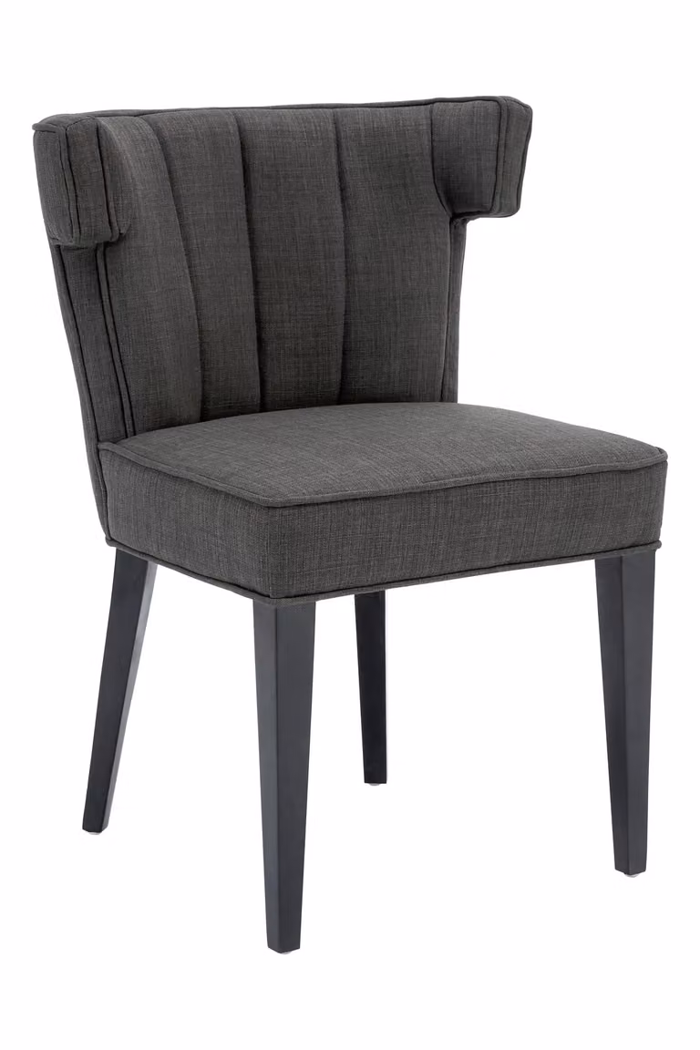 Orsina Grey Fabric Upholstered Dining Chair with Armrests and Black Birch Wood Legs
