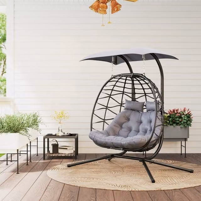 Outsunny Rattan Double Hanging Egg Chair with Canopy in Black
