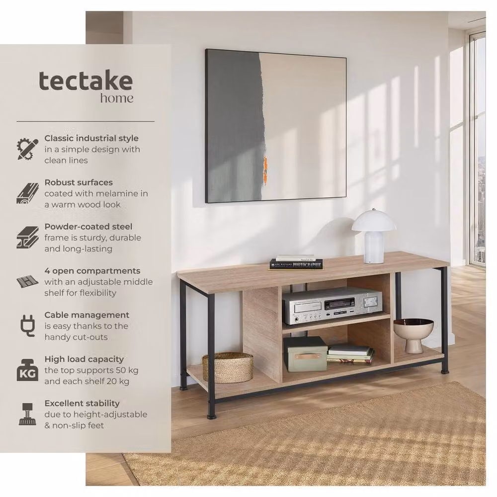 tectake TV Stand Lowboard Cabinet in Brown with 4 Compartments and Adjustable Shelf, Width: 120 cm – 2