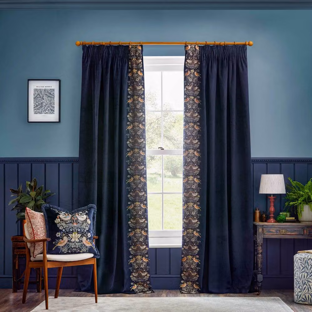 Morris & Co. Strawberry Thief Embroidered Velvet Pencil Pleat Curtains, Indigo, Width: 117 cm, Drop: 137 cm – 2