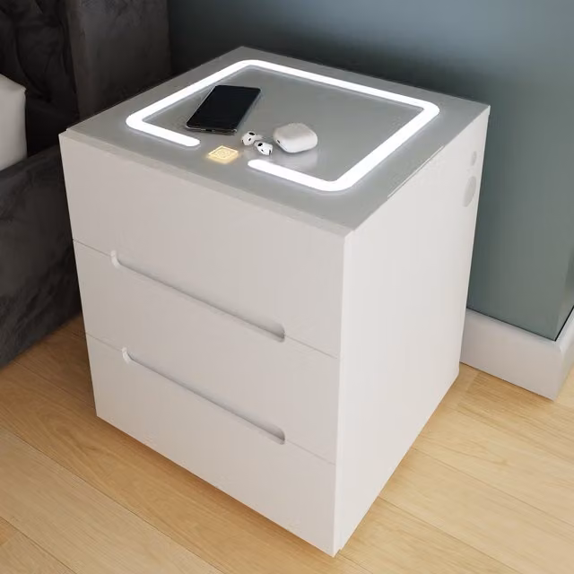 GFW Riley 3 Drawer Smart Bedside Table with Integrated Lighting in White