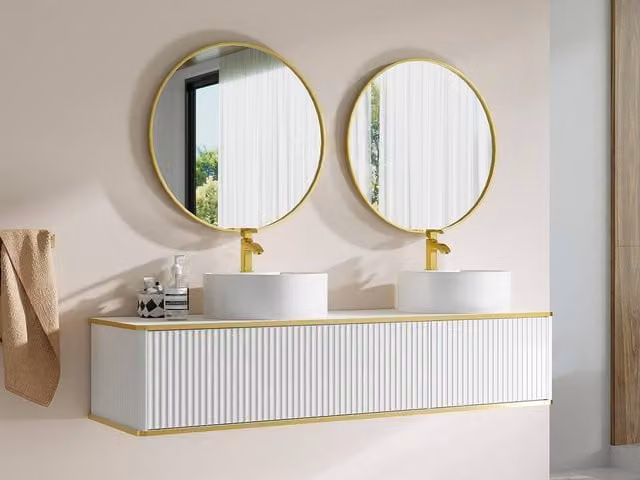 Vente-unique Suspended Grooved Bathroom Cabinet with 2 Drawers and Gold Trim, White and Gold