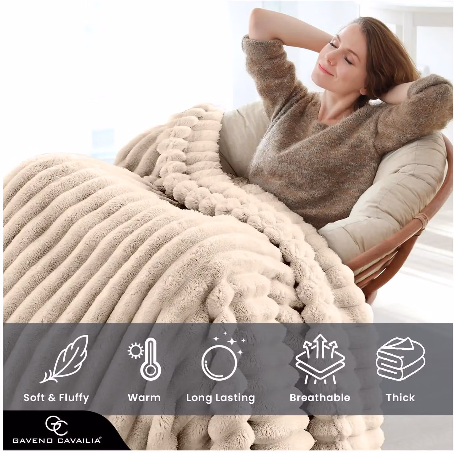 Gaveno Cavailia Osum Ribbed Striped Throw in Beige, W/D/H: 200 x 240 cm – 2