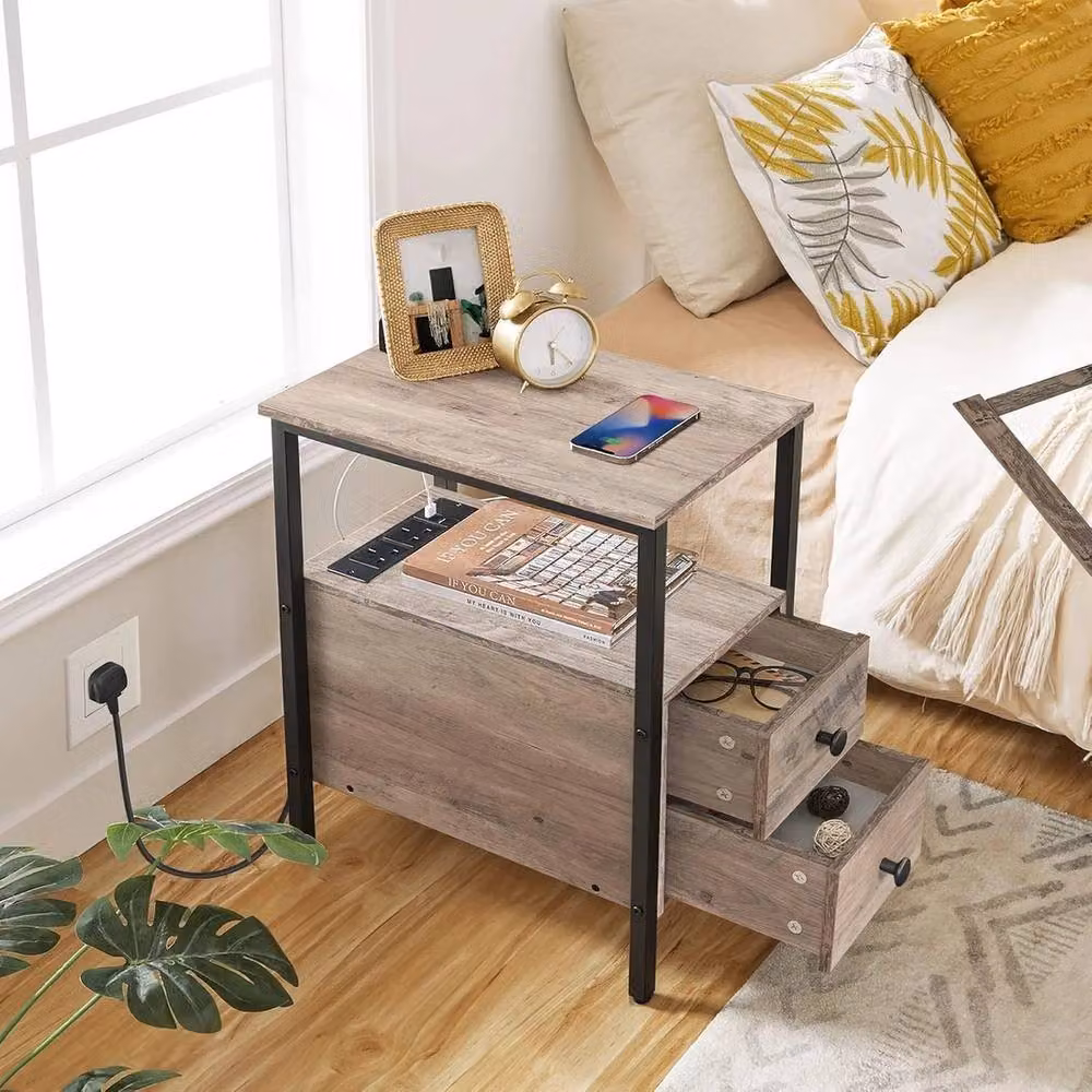NESTLUNE Grey Square Coffee Table, Side Table or Bedside Table with Charging Station, W/D/H: 100 x 100 x 100 cm – 3