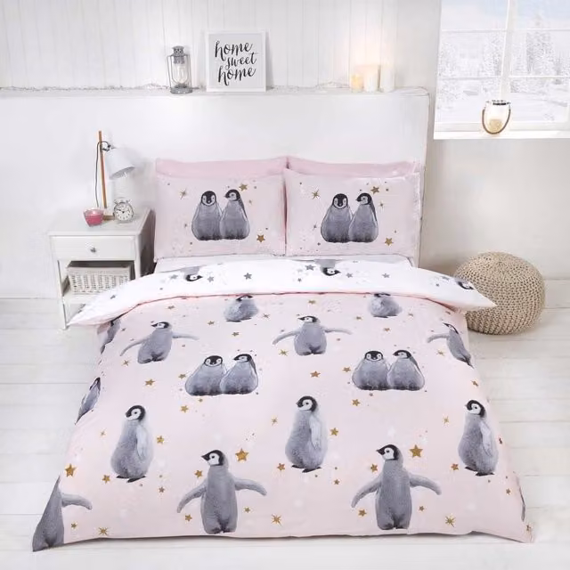 Rapport Home Starry Penguins Duvet Set in Pink and Blue, Single Size