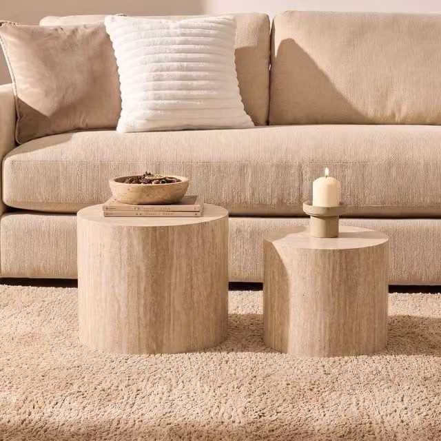 OHS Set of 2 Round Travertine Effect Coffee Tables in Beige Stone