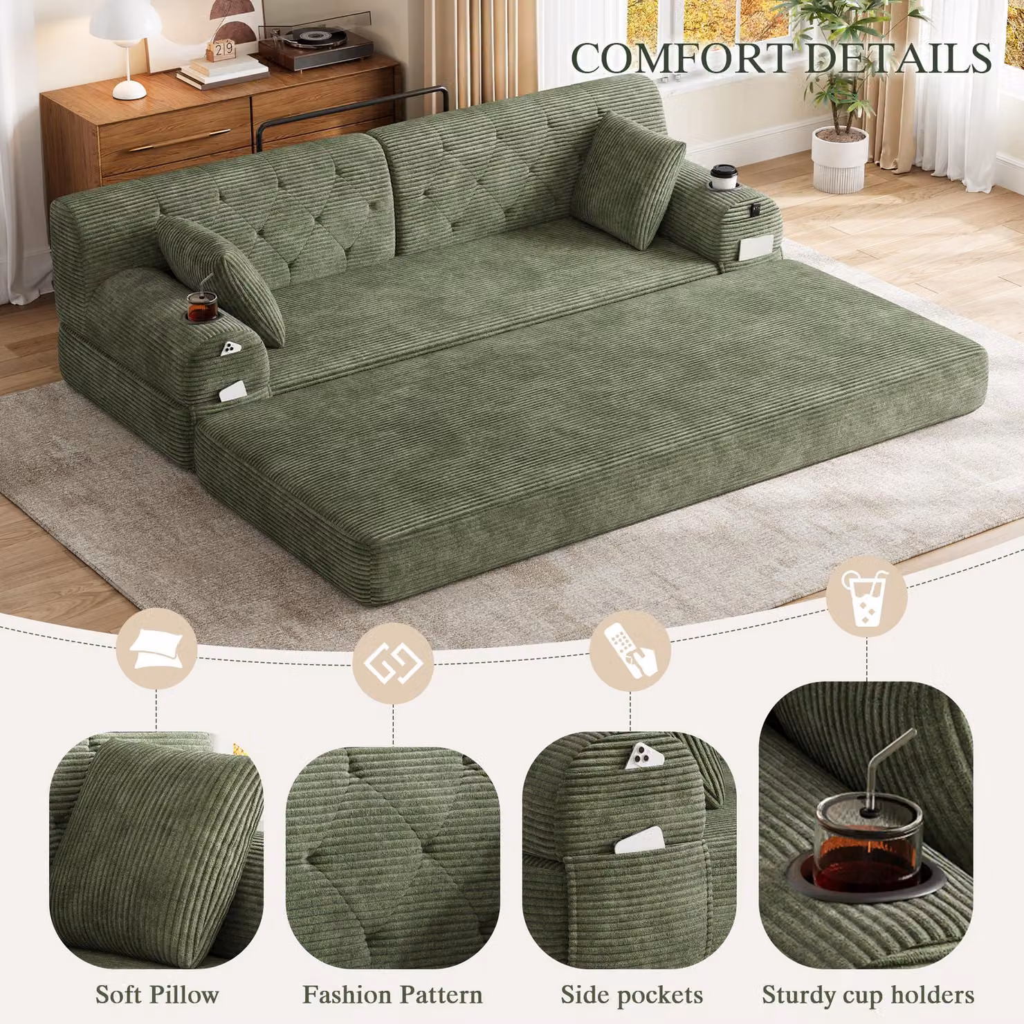 Aosom UK 3-Seater Corduroy Sleeper Sofa Bed in Green with High-Density Foam and Side Pockets, W: 208 cm, D: 80 cm, H: 81 cm – 4
