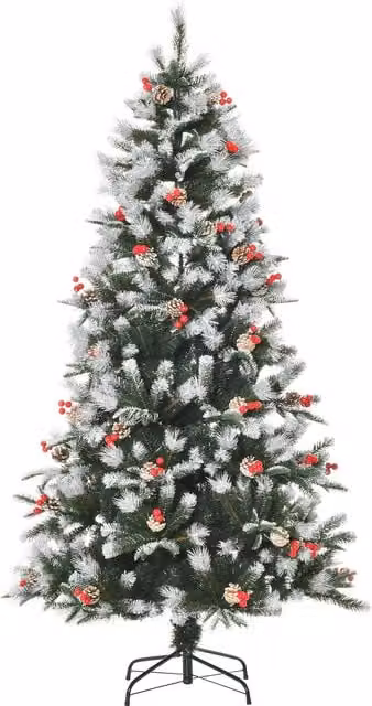 HOMCOM 6ft Artificial Snow Dipped Christmas Pencil Tree with Red Berries and White Pinecones, Green