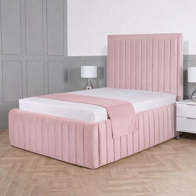Living Comfort Bedz Saint Germain Plush Upholstered Super King Bed with 48 Inch Headboard and Slatted Base in Pink
