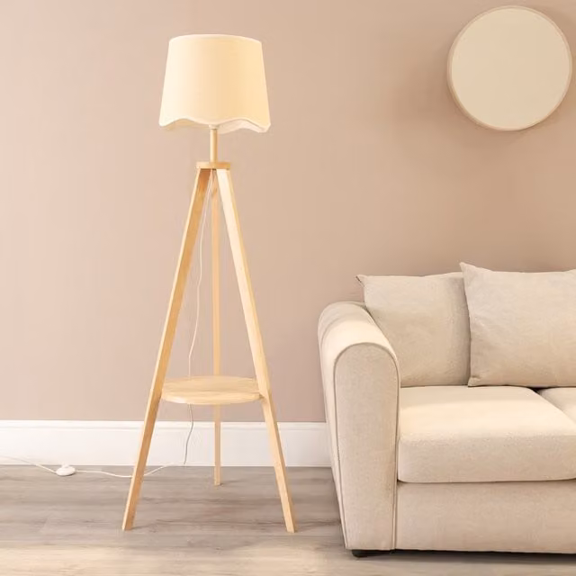 Morrigan Wood Tripod Floor Lamp with White Scallop Trim Fabric Shade