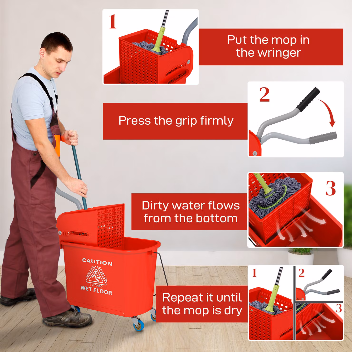 HOMCOM 20L Mop Bucket with Wringer and Handle in Red – 5