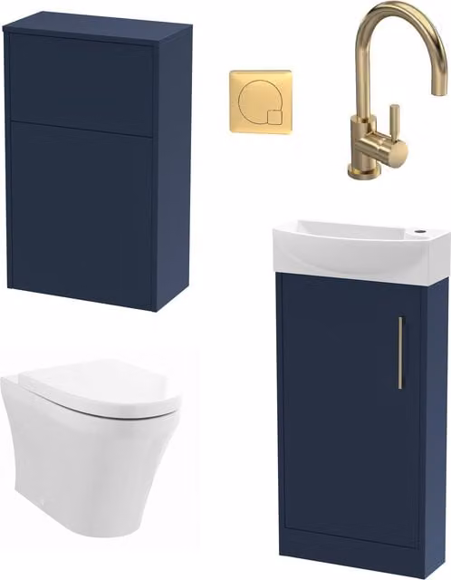 Balterley Modern Blue and Gold Cloakroom Suite with Soft Close Vanity Unit, Toilet, and Basin Mixer Tap – 1