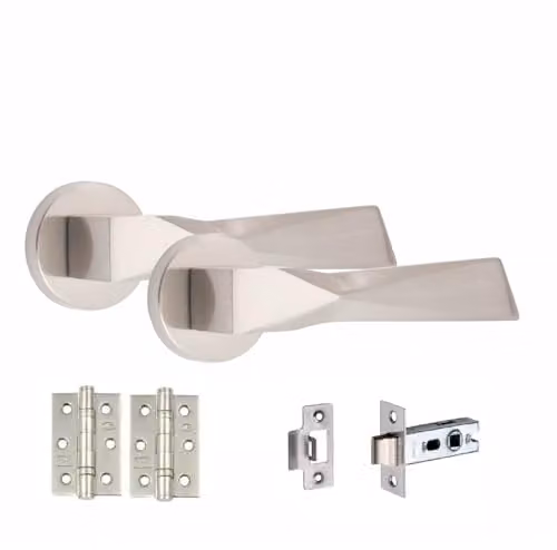 Golden Grace Aura Door Handles with Latch and Hinges in Chrome Silver – 1