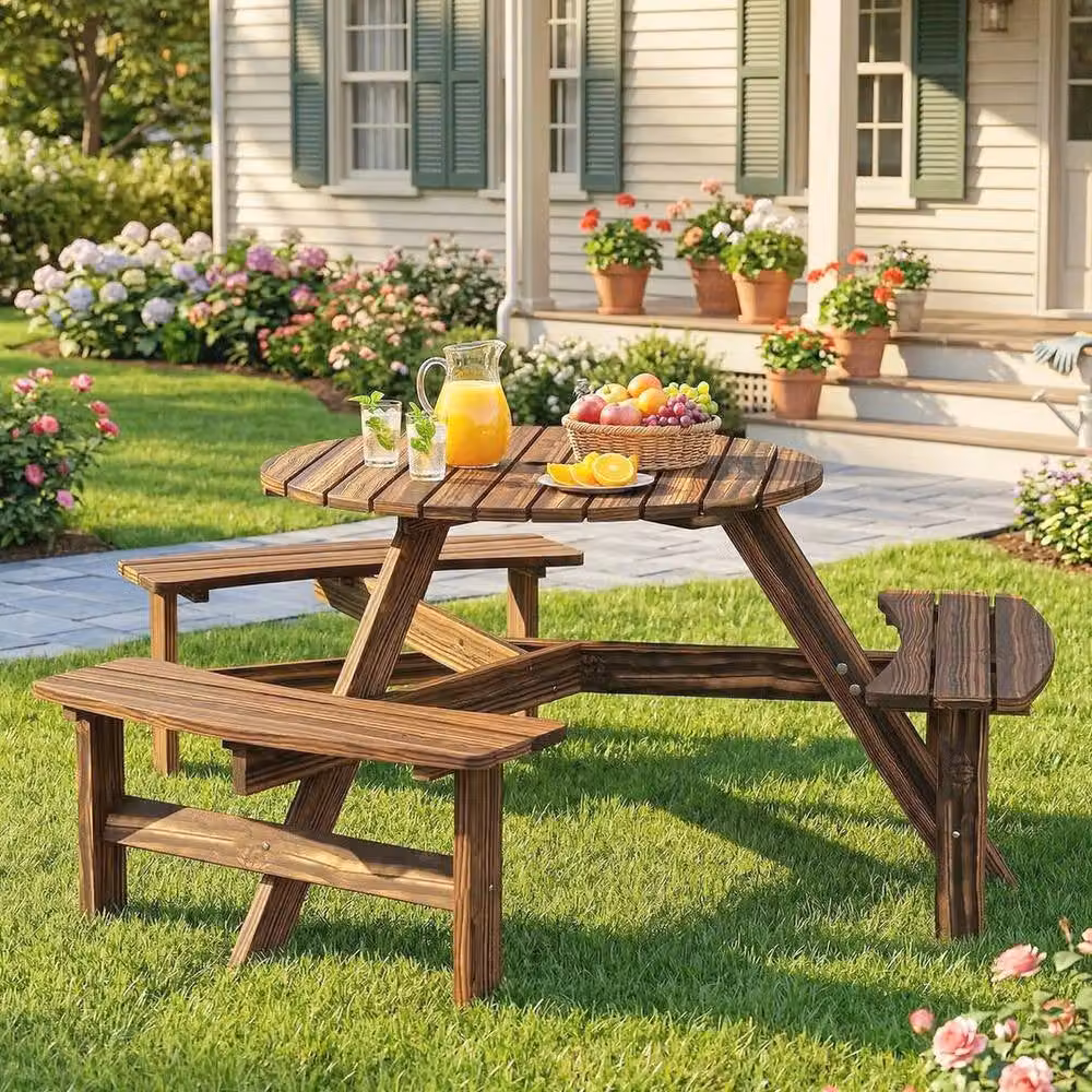 FLAVORA 6 Person Rustic Brown Treated Hardwood Garden Table and Bench Set – 5
