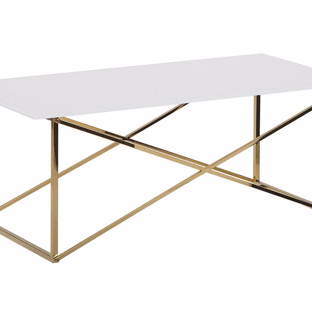 Wyld and Coco Modern Rectangular Coffee Table with White Tempered Glass and Gold Metal Legs W/D/H: 100 x 50 x 40 cm – 2