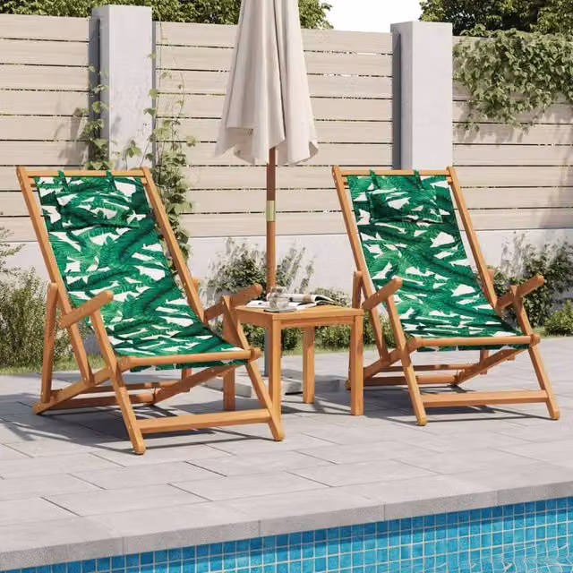 Berkfield Home Set of 2 Folding Beach Chairs with Floral Fabric and Treated Hardwood Frame in Green, Brown and Multicolour – 1