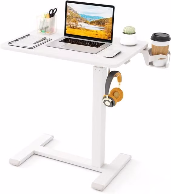 Costway Height Adjustable Mobile Standing Desk and Overbed Bedside Table in White – 1