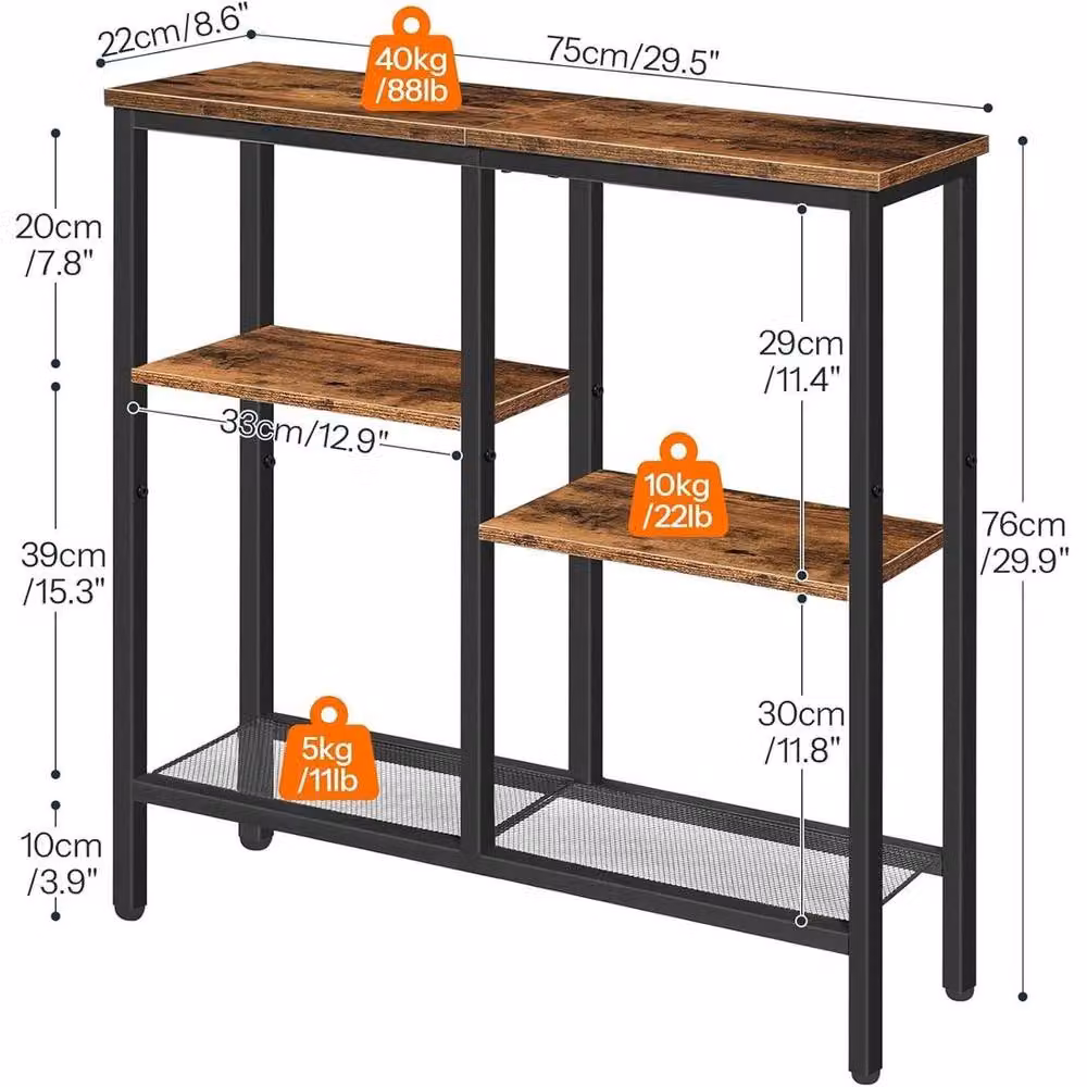 FLAVORA 4-Tier Industrial Wood Storage Console Sofa Table in Brown, W: 75 cm, D: 22 cm, H: 76 cm – 2