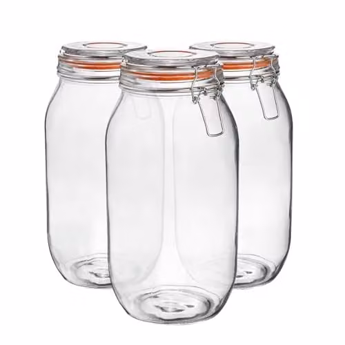 Argon Tableware Set of 6 Transparent Glass Storage Jars with Airtight Metal Clip Lids and Silicone Seals, 2L