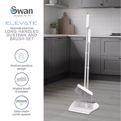 Swan Elevate Long-Handled Dustpan and Brush Set with Angled Feathered Soft Bristles and Built-in Retractable Comb, White – 2