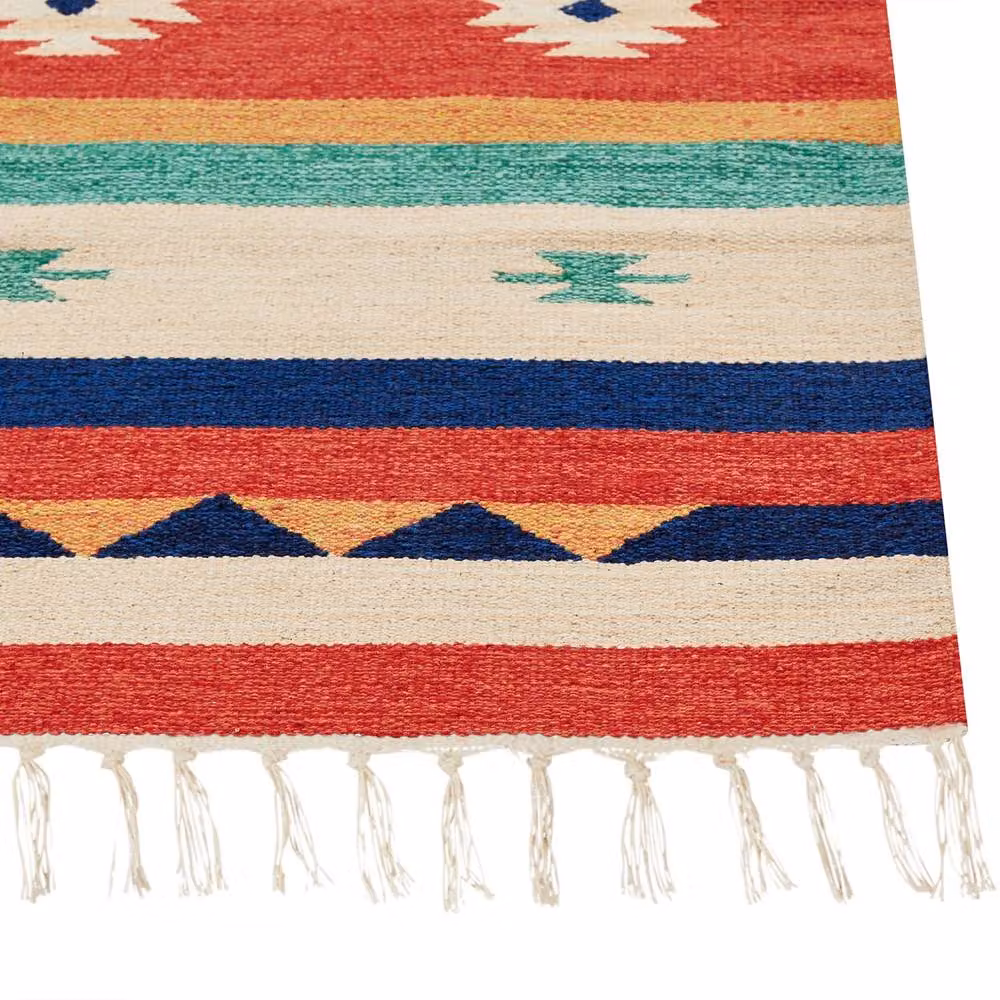 Wyld and Coco Multicolour Cotton Kilim Rug with Fringes, W: 140 cm, L: 200 cm – 3