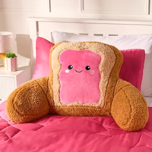 OHS Jam Toast Cuddle Cushion, Pink Teddy Fleece Reading Pillow for Kids, W/D/H: 45 x 40 x 30 cm