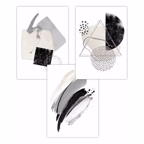 ARTZE Set of 3 Abstract Black and Grey Watercolour Shape Paper Posters, W: 42 cm, H: 59.4 cm – 2