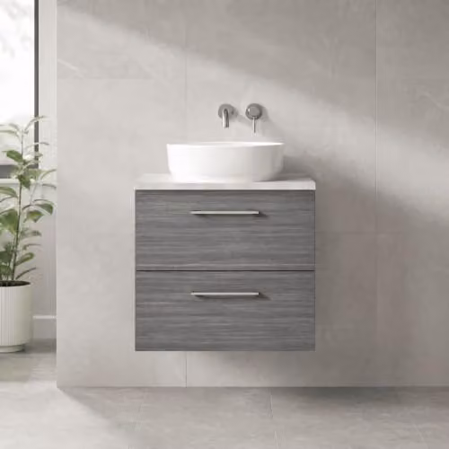 Balterley Wall Hung 2-Drawer Bathroom Vanity Unit with Rectangular Laminated Worktop and Bar Handles in Woodgrain Anthracite, W: 60.5 cm, D: 39.0 cm, H: 56.1 cm – 2